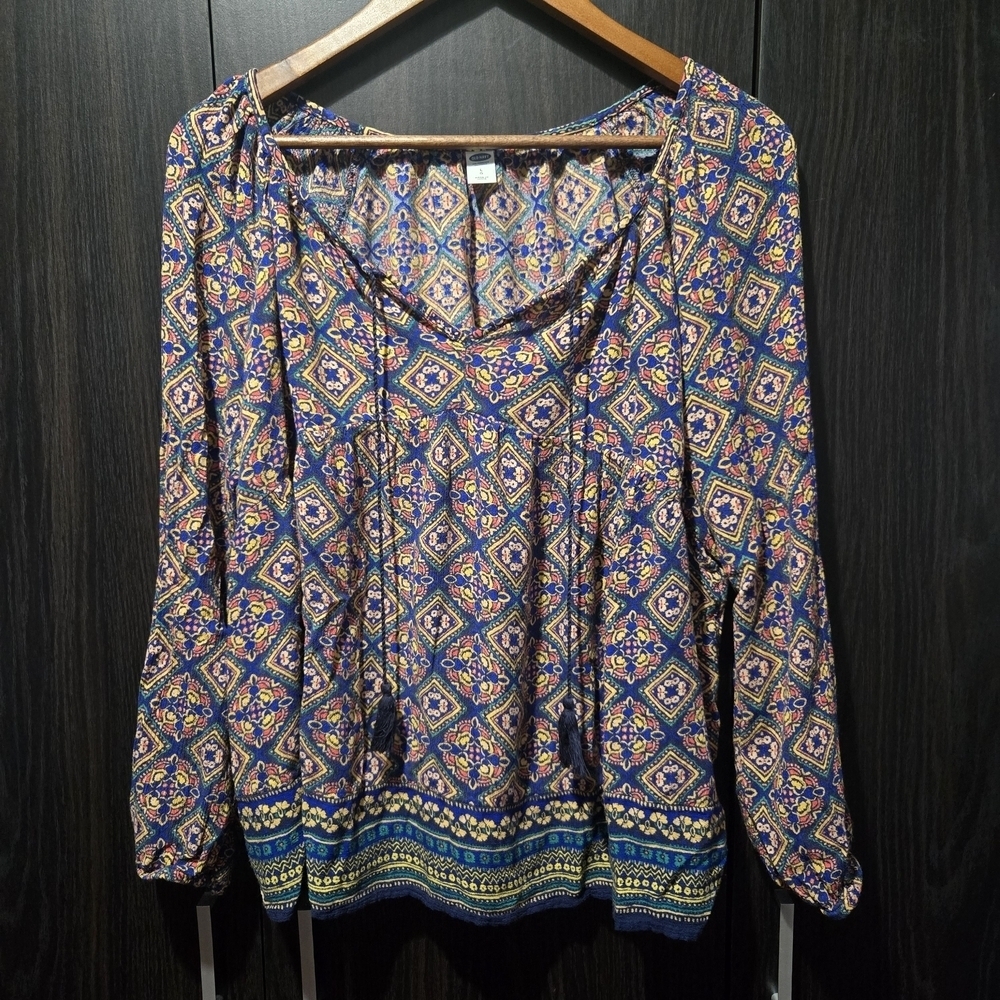 Old Navy Multicolour Geometric Boho Shirt With Tassels Flowy Lightweight Size Lg - Picture 2 of 8